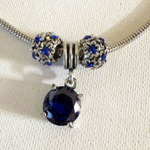 Bella Charm Silver Tone Dark Blue Crystal Ball Charm Necklace 18” Adjustable